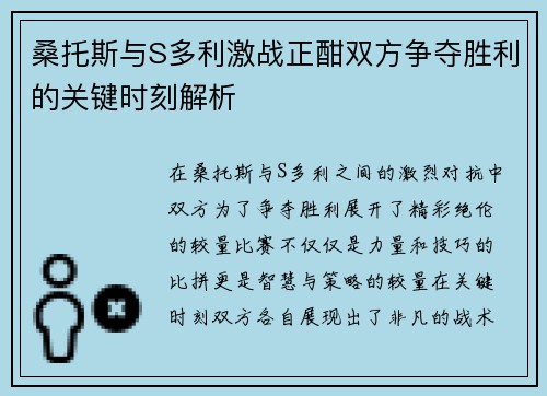 桑托斯与S多利激战正酣双方争夺胜利的关键时刻解析